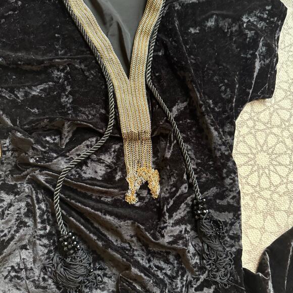 Laurie & Joe Black Crushed Velvet Gold Embroidered Kaftan Maxi Dress Fringe Boho - Picture 7 of 11